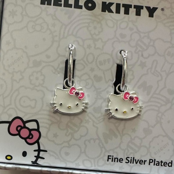 Sanrio Hello Kitty Brass Flash Silver Plated Pink Crystal Charm Hoop Earrings - Picture 2 of 7